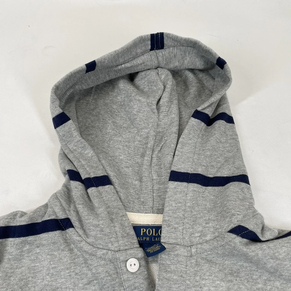Ralph Lauren Gray Striped Hoodie with Navy Stripes and Red Pony